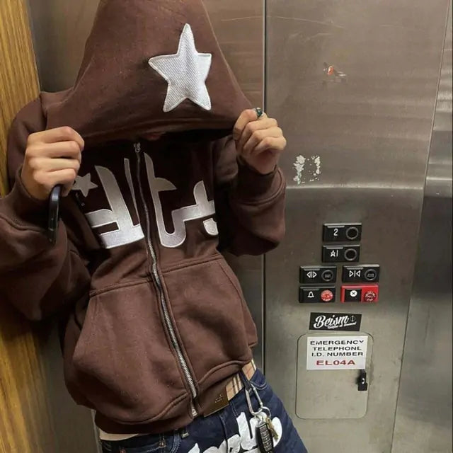 Star Printed Zip Up Hoodies