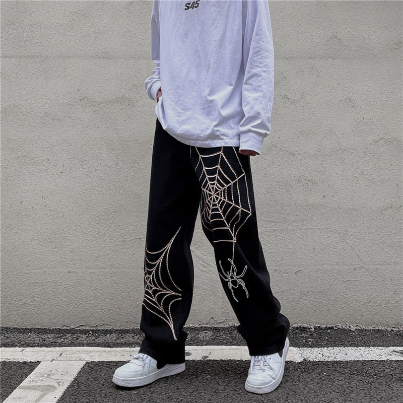 Men's Black Streetwear Spider Web Pants